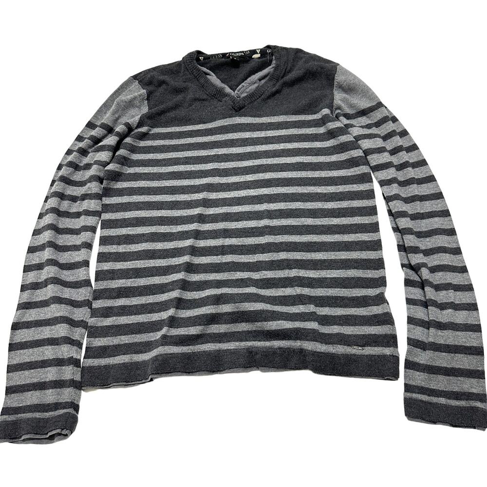 Guess Y2K Gray Striped V-Neck Sweater Women Size M Preppy Cotton Knit